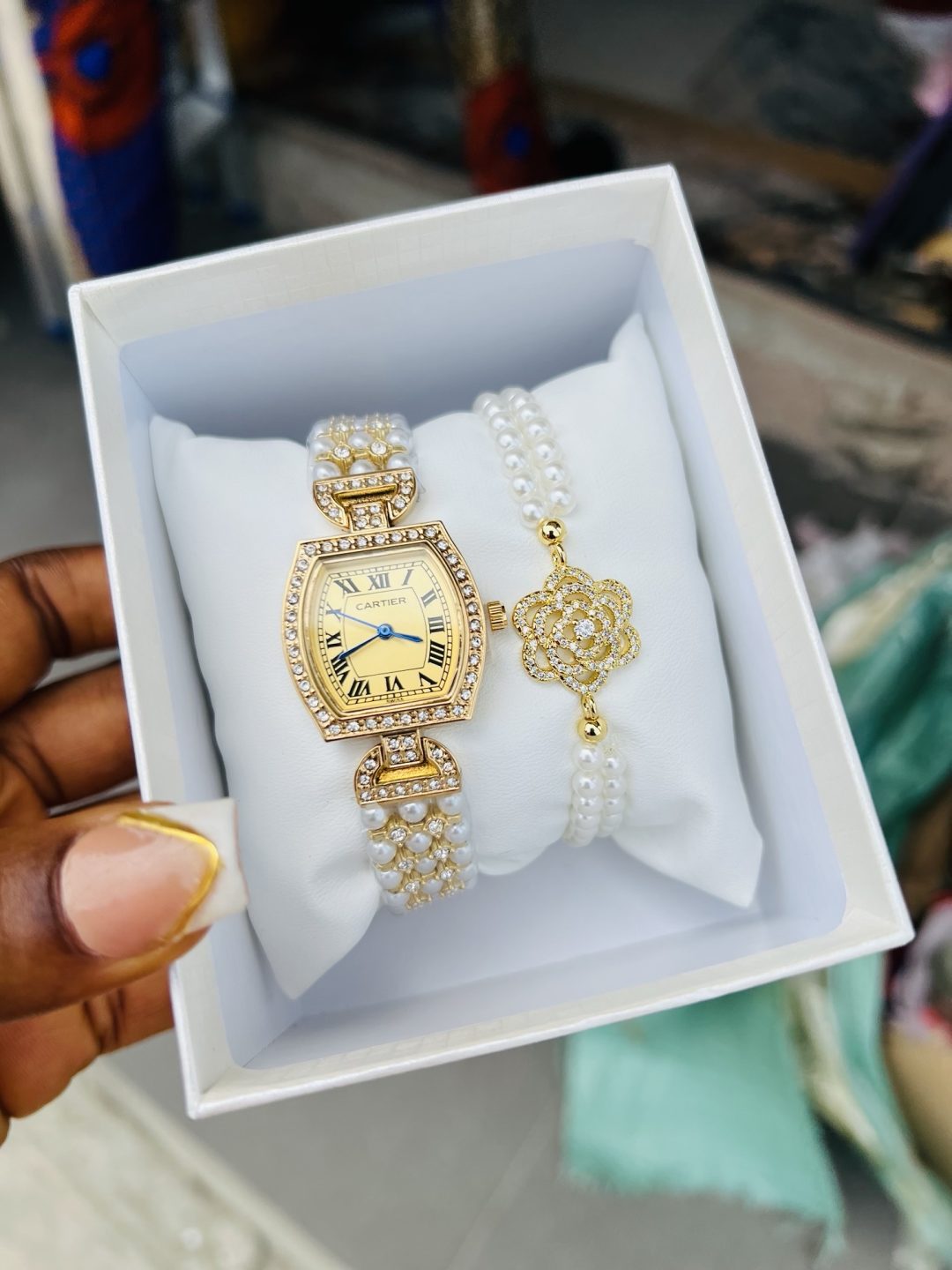 Gold Cartier pearl watch combo with box
