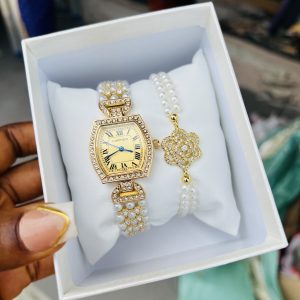 Gold Cartier pearl watch combo with box