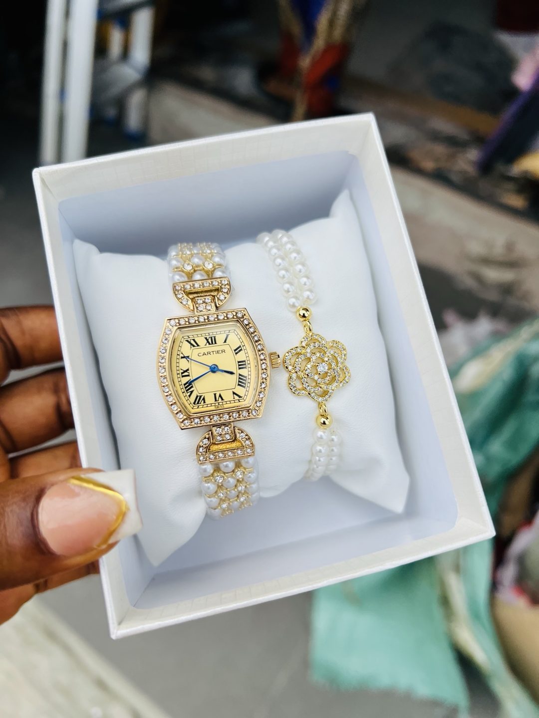 Gold Cartier pearl watch combo with box - Image 2