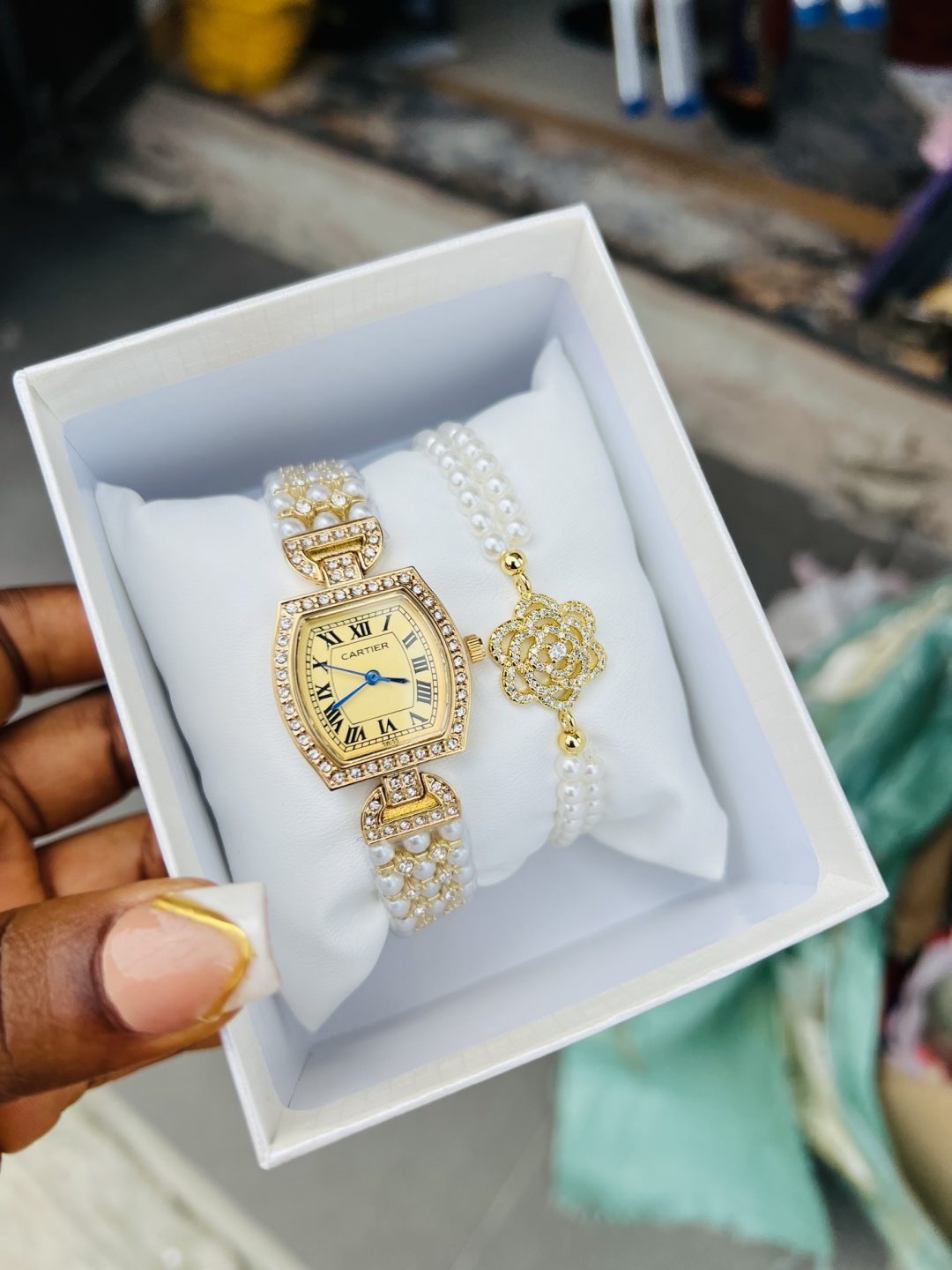Gold Cartier pearl watch combo with box - Image 3