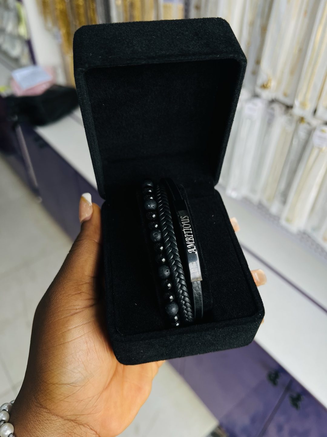 Black engraved leather bracelet - Image 2