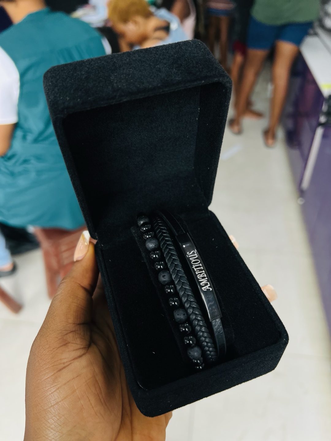 Black engraved leather bracelet