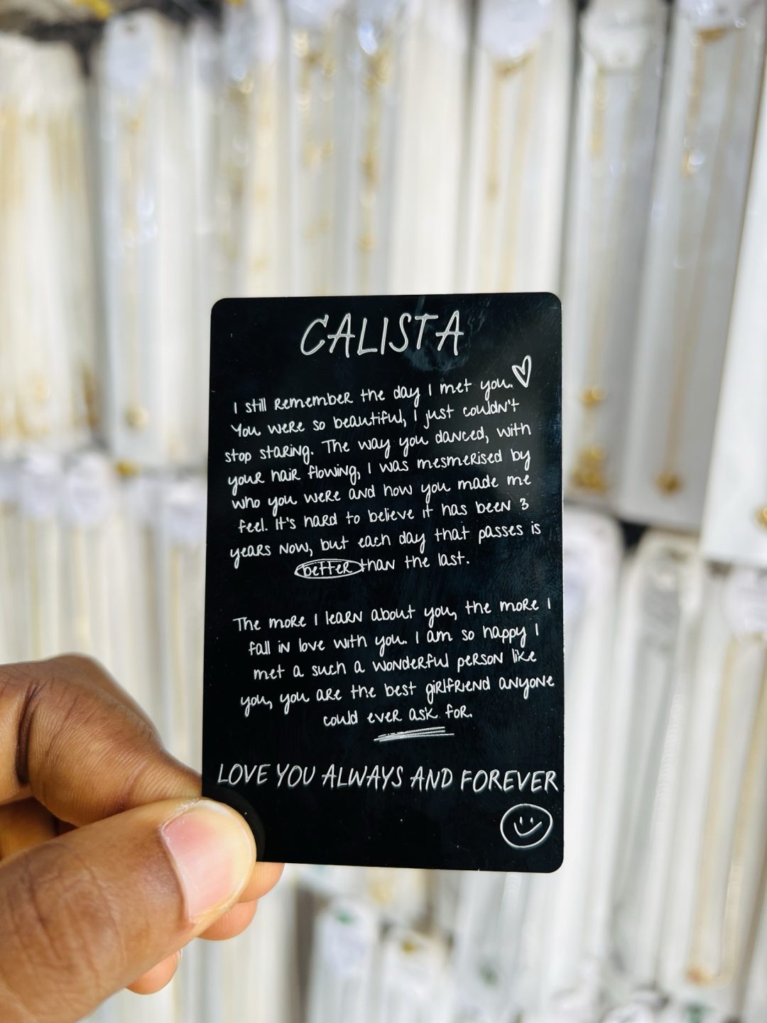 Engraved love card with barcode