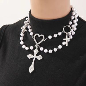 Heart cross vintage pearl necklace