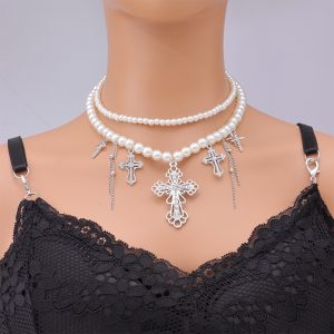 Vintage cross double pearl necklace