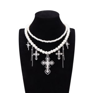 Vintage cross double pearl necklace