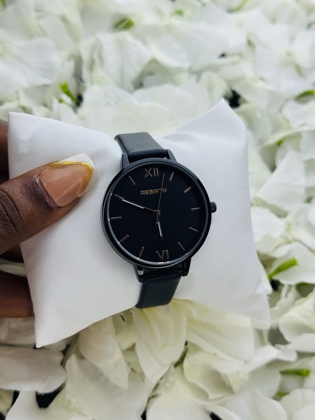 Rebirth black leather female watch boxed 001
