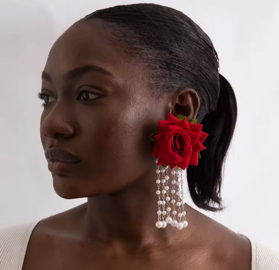 Red rose Large flower party earring - Image 2