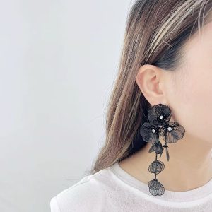 Black rose large flower earrings
