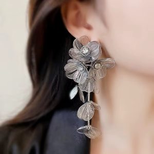 Silver 3 petals large flower earrings