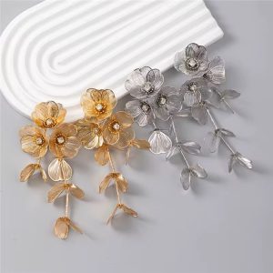 Silver 3 petals large flower earrings