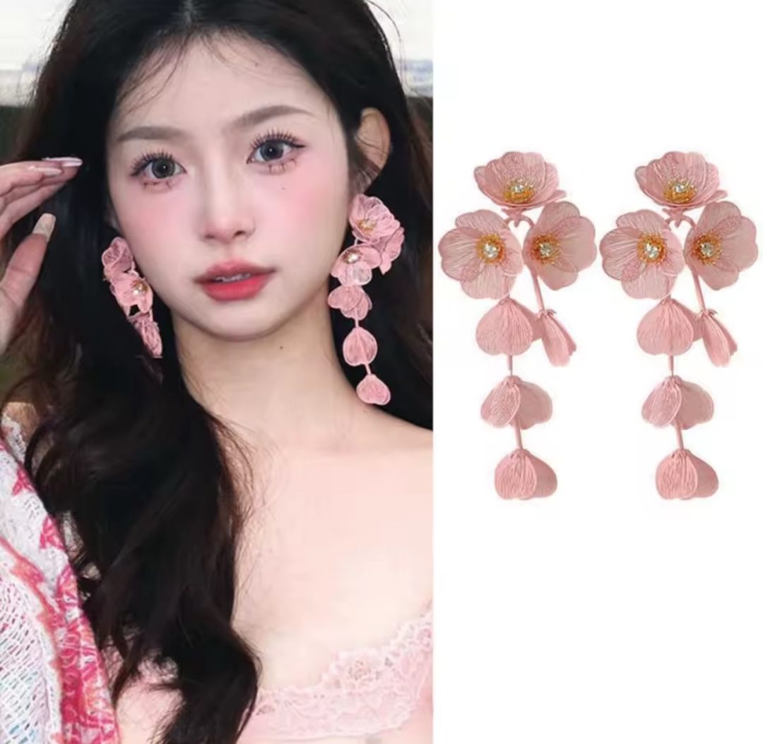Pink rose large flower earring