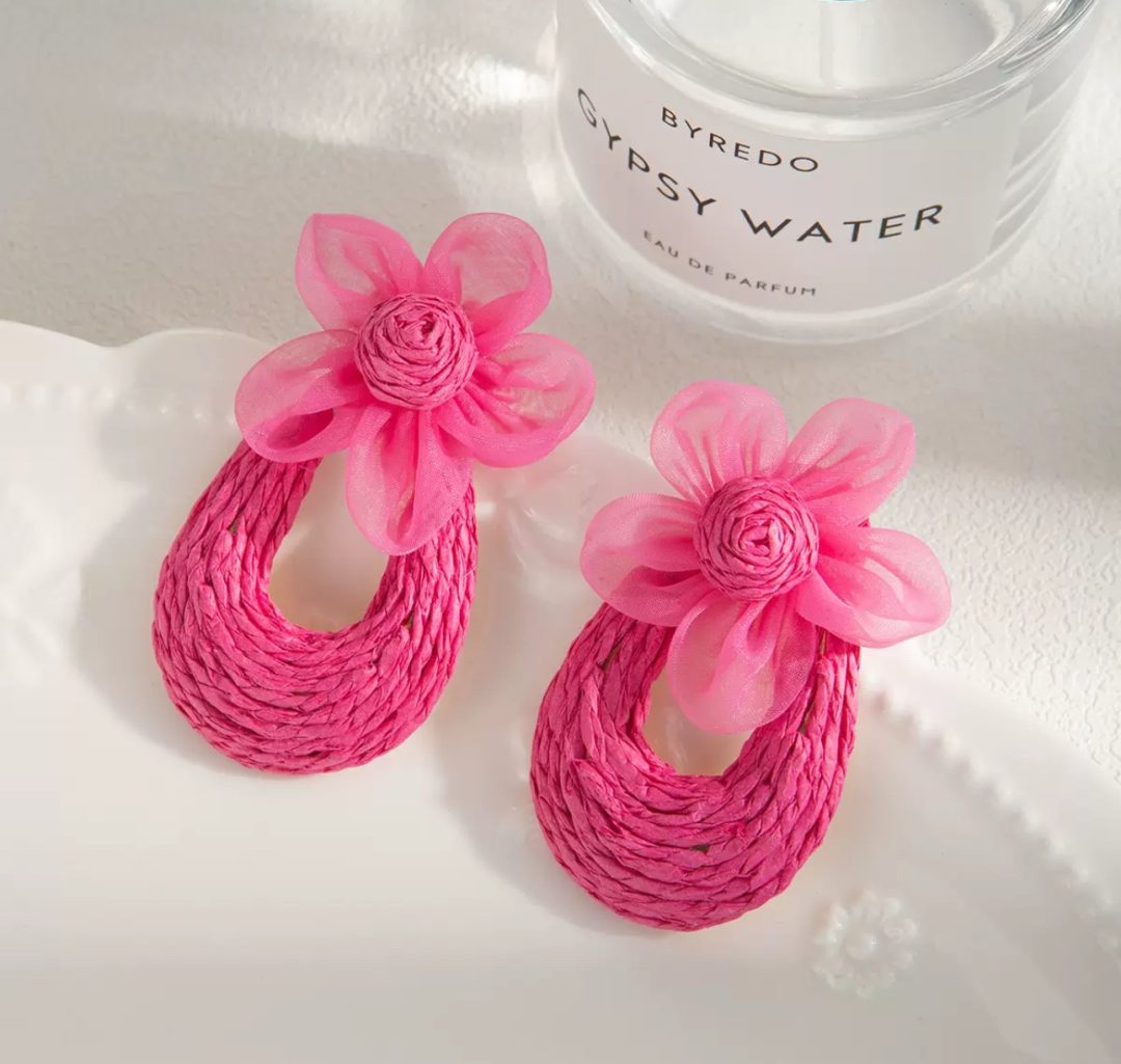 Pink rafia basket earrings