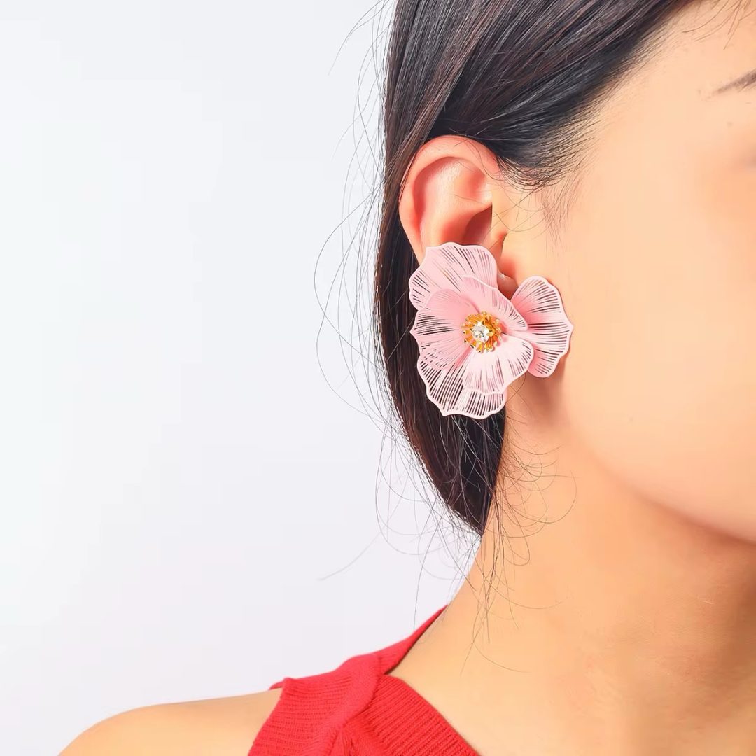Pink rose 1 bud floral earrings