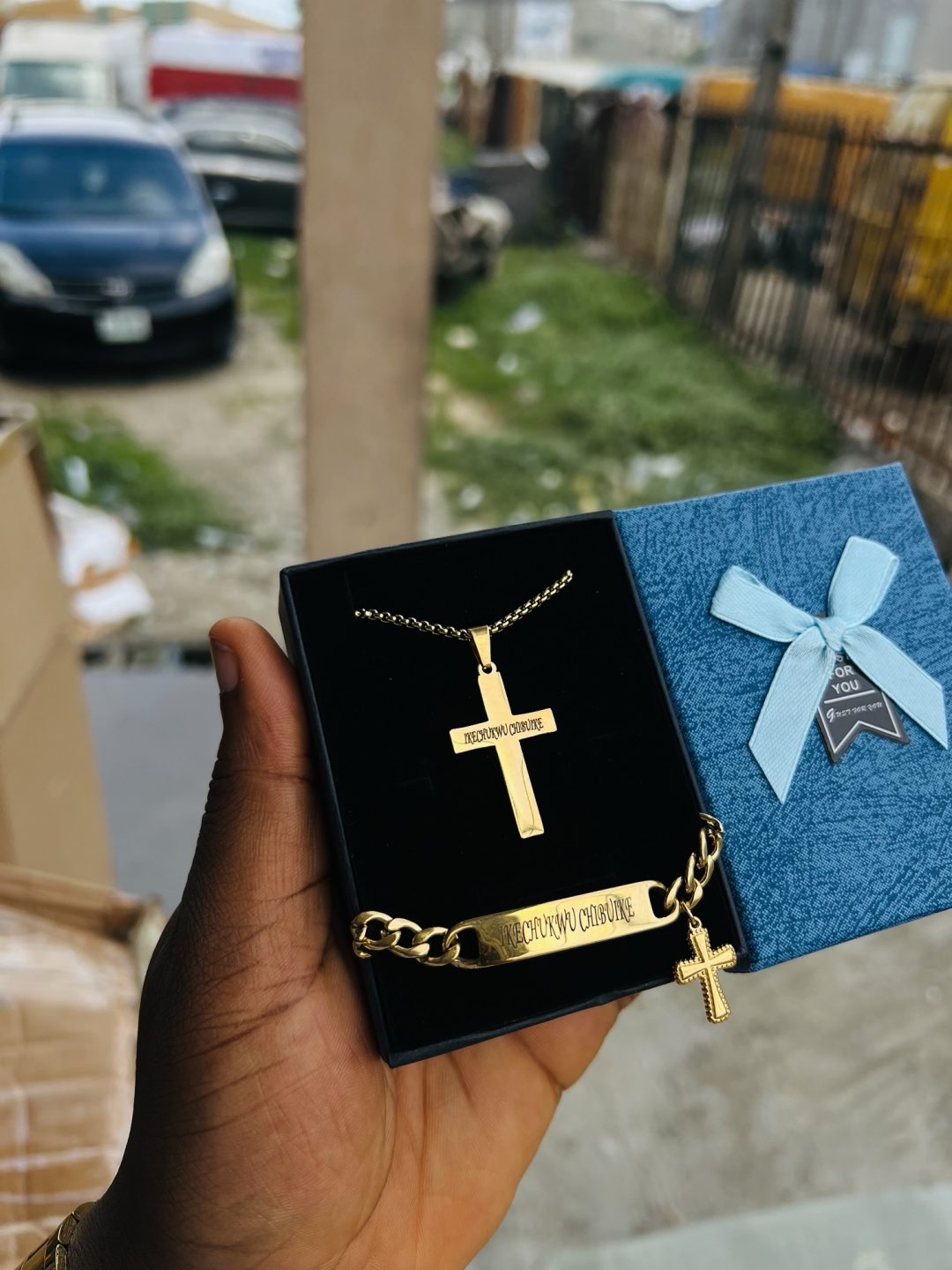 Engraved gold cross combo with box! - Image 2