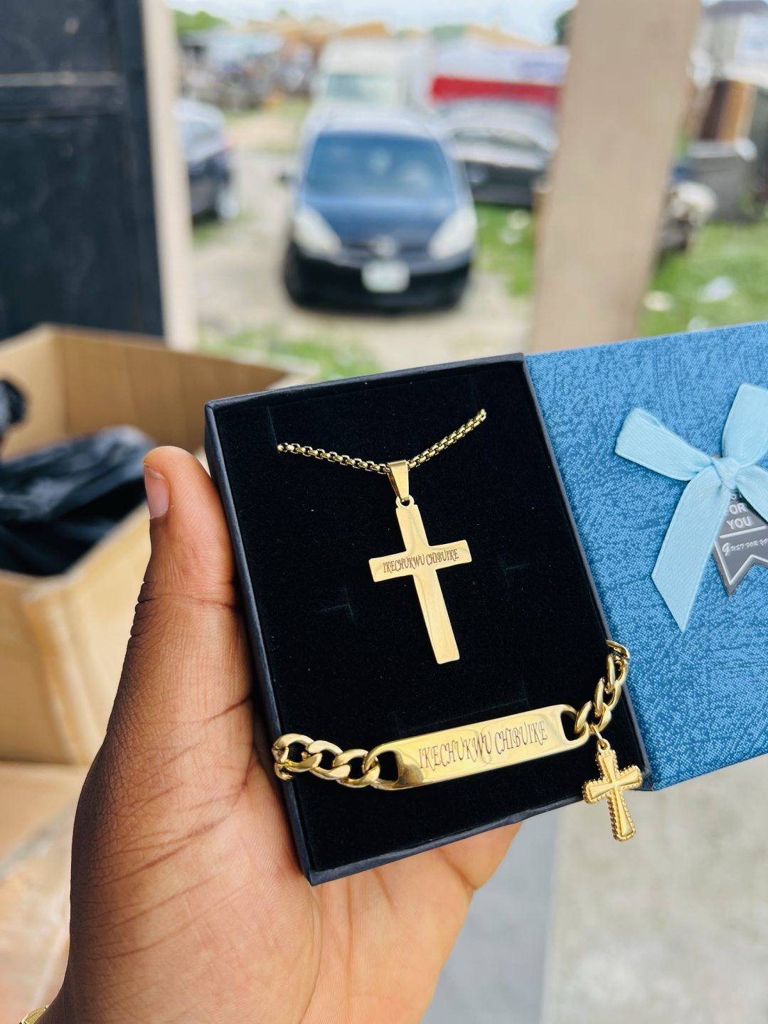 Engraved gold cross combo with box! - Image 3