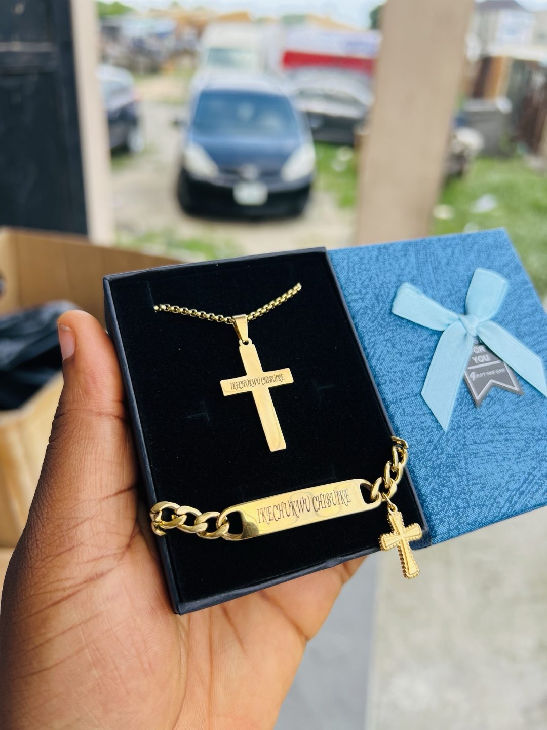 Engraved gold cross combo with box!