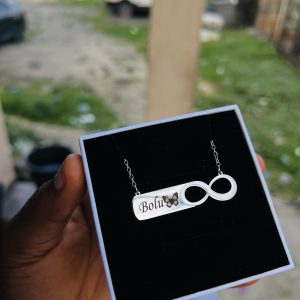 Engraved silver infinity necklace with emoji