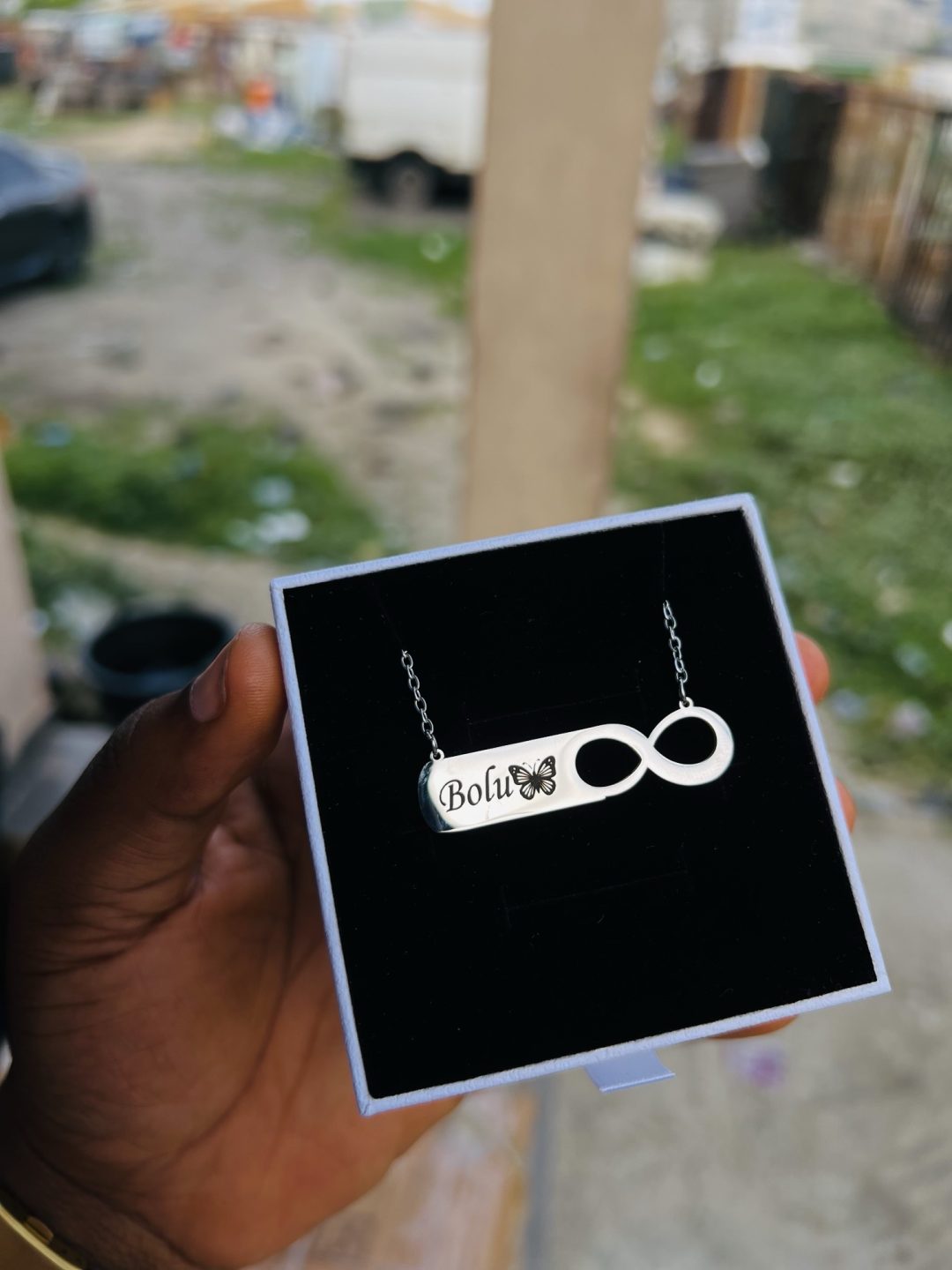 Engraved silver infinity necklace with emoji - Image 2