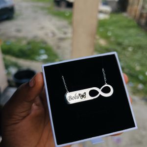 Engraved silver infinity necklace with emoji