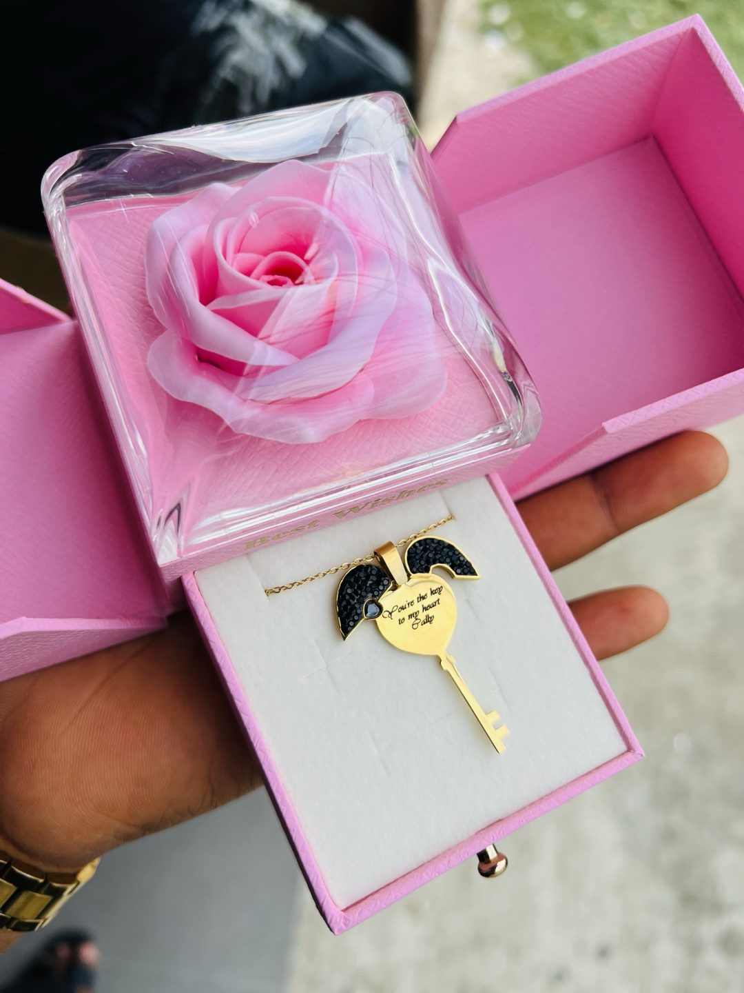 Engraved key locket necklace with exact box and back engraving!! - Image 5