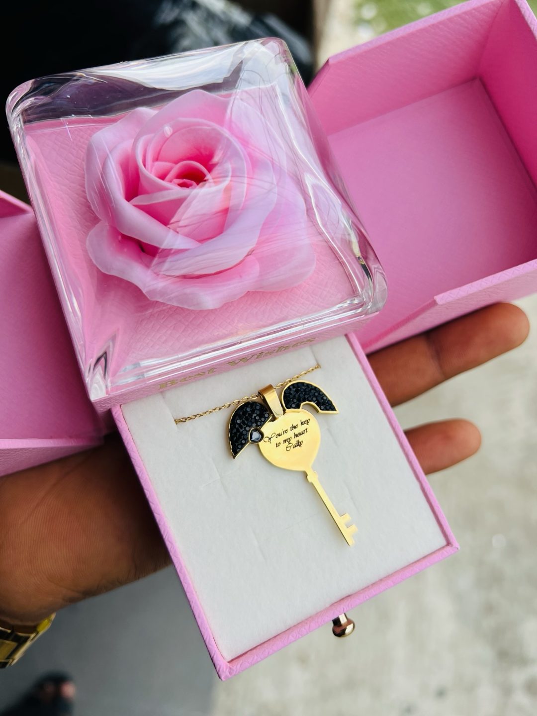 Engraved key locket necklace with exact box and back engraving!! - Image 6