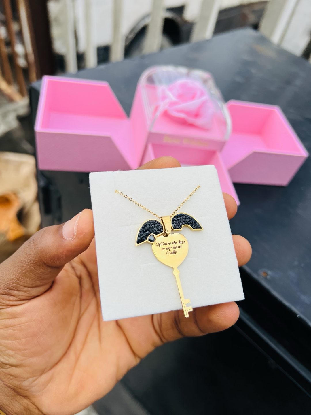 Engraved key locket necklace with exact box and back engraving!! - Image 2
