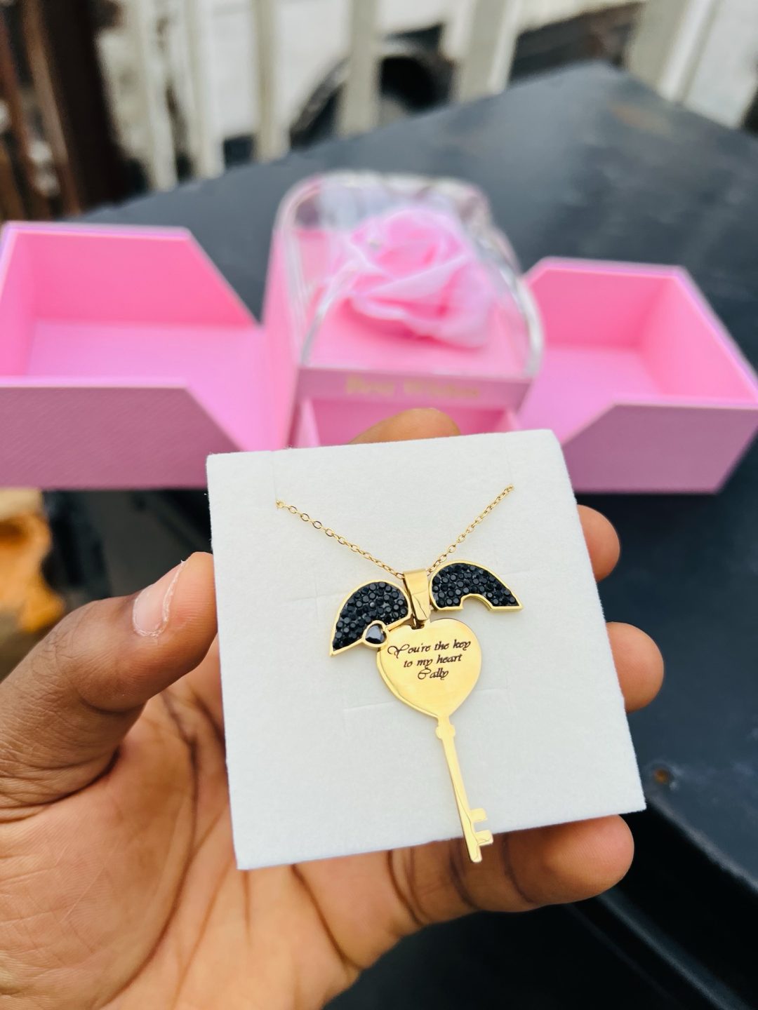 Engraved key locket necklace with exact box and back engraving!!