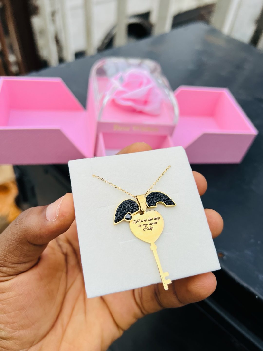 Engraved key locket necklace with exact box and back engraving!! - Image 4