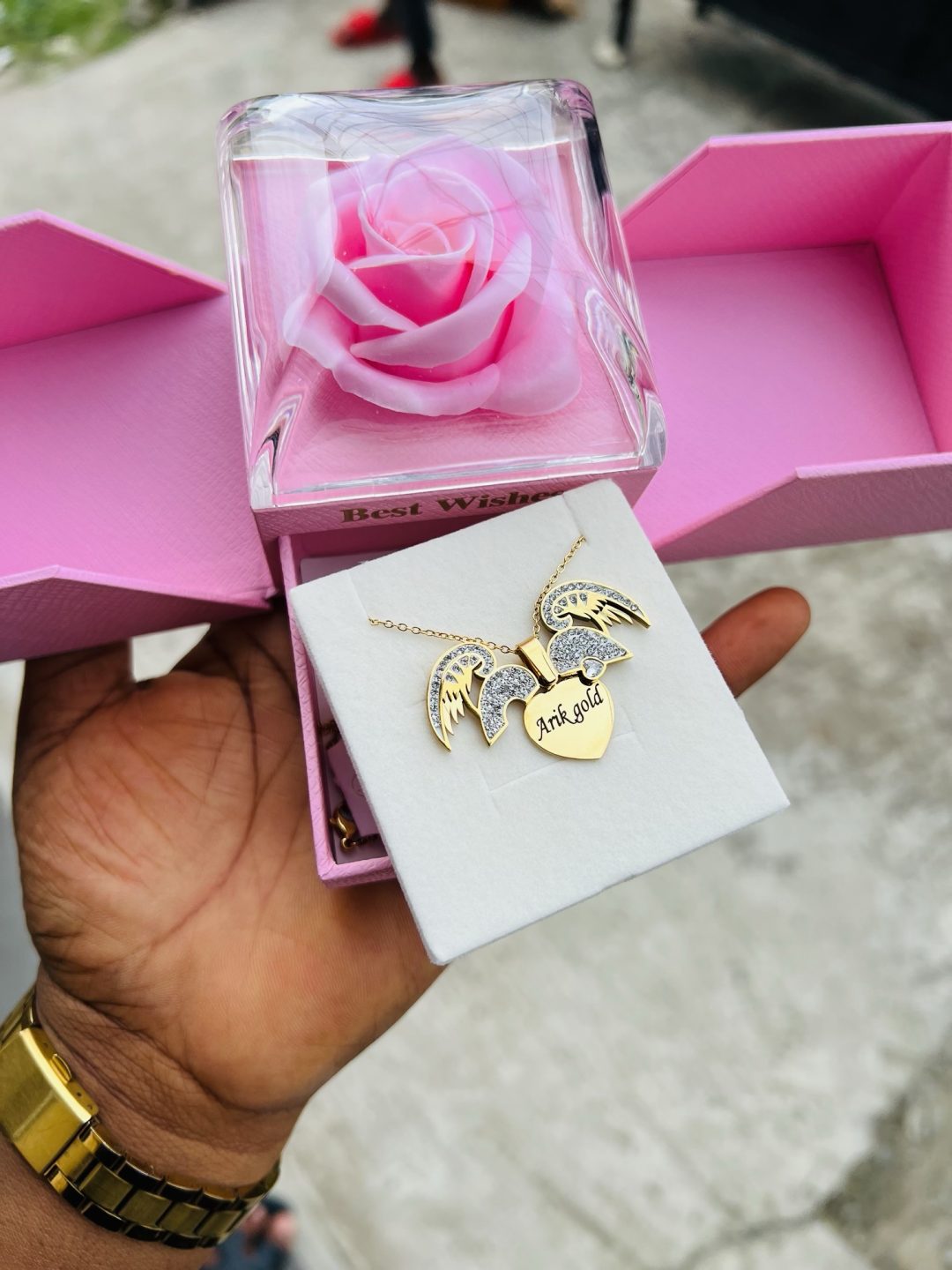 Engraved winged necklace with exact box!