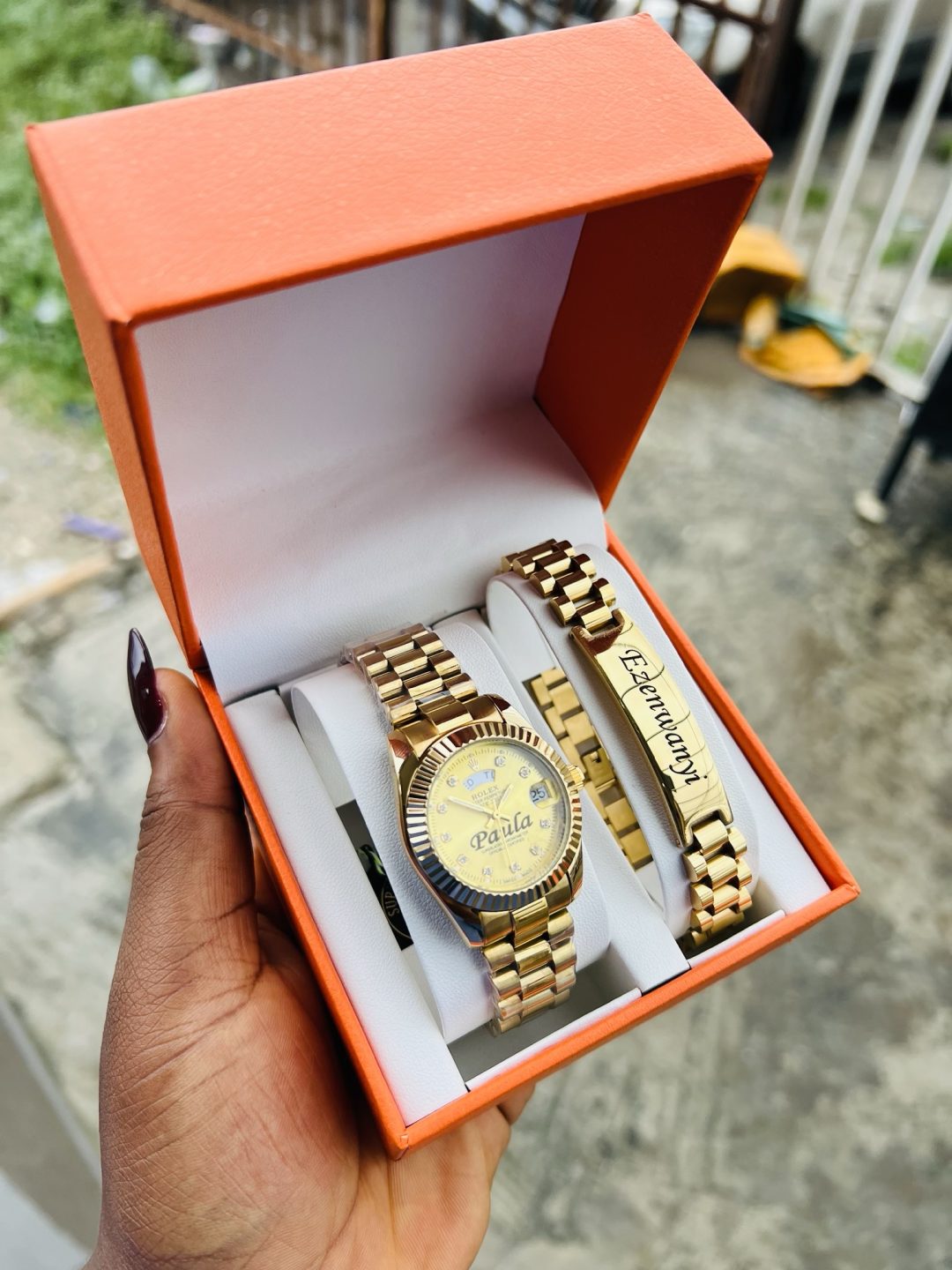 Engraved female gold Rolex combo