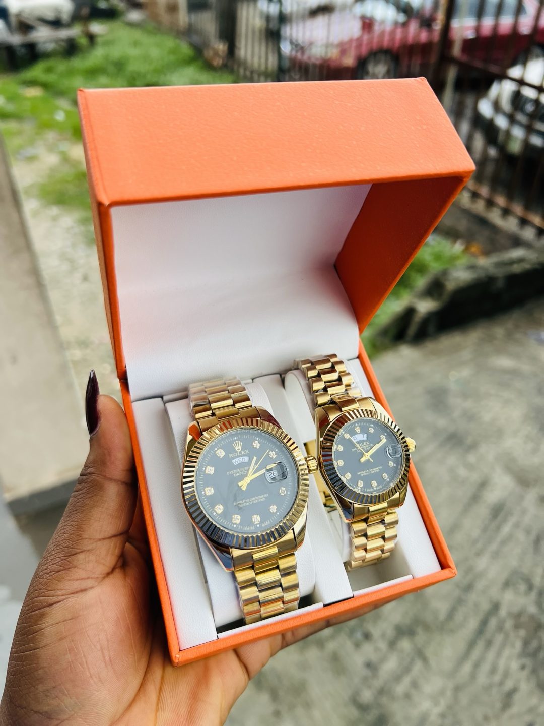 Engraved Couples Black face Rolex gold combo with box - Image 6