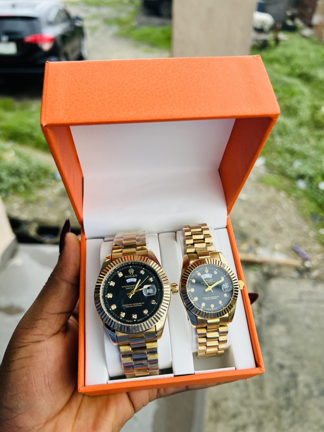 Engraved Couples Black face Rolex gold combo with box