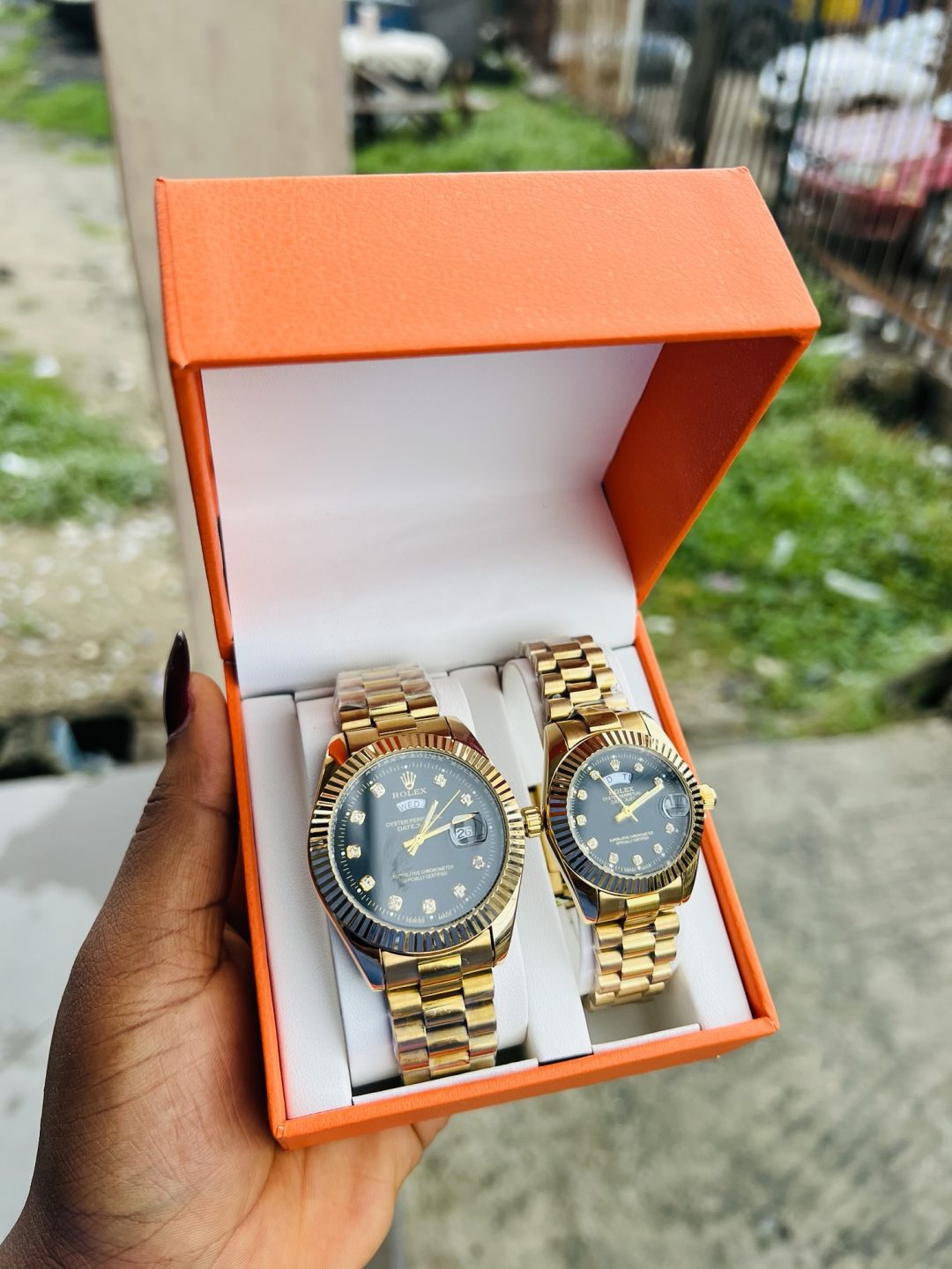 Engraved Couples Black face Rolex gold combo with box - Image 2