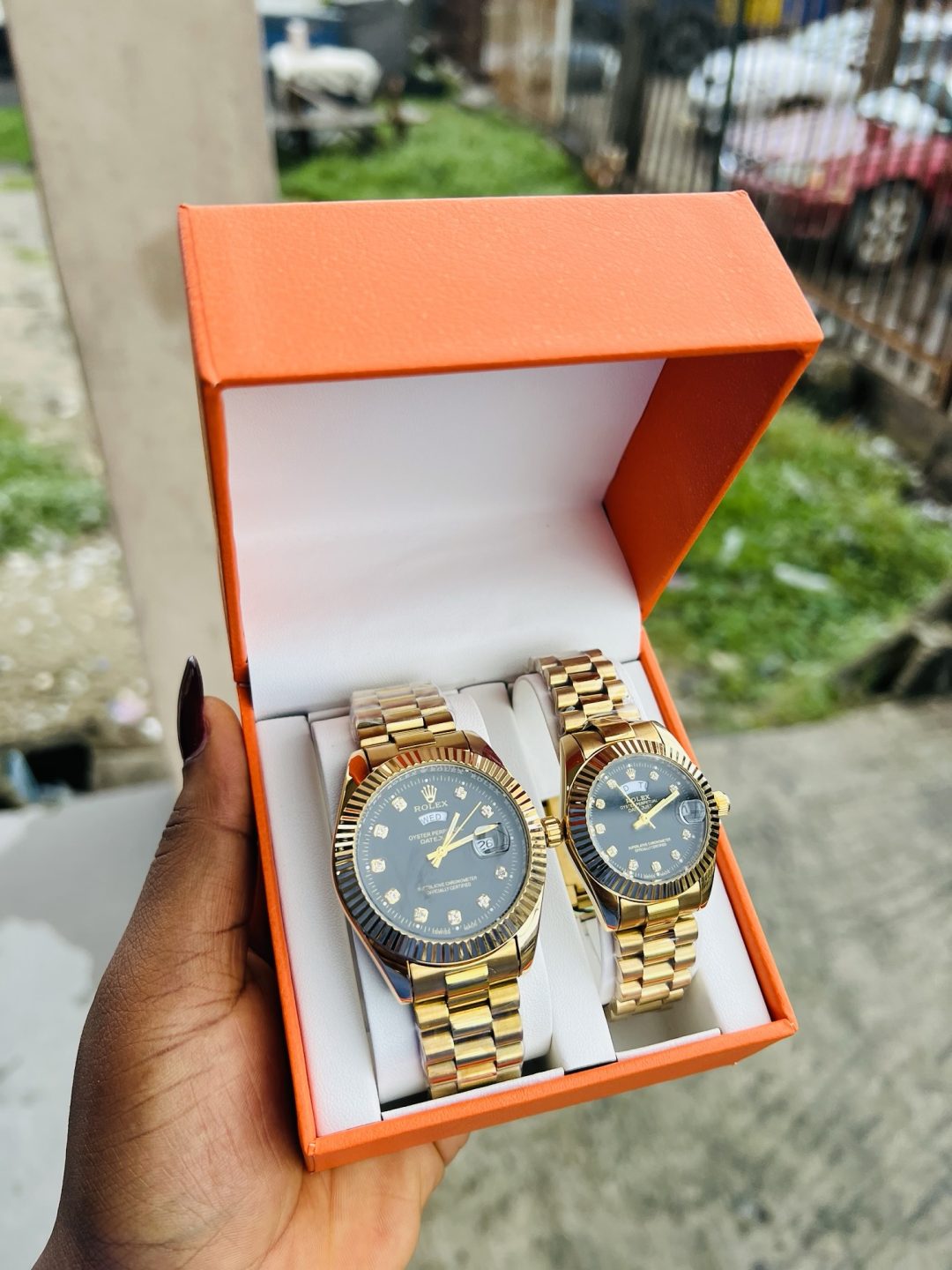 Engraved Couples Black face Rolex gold combo with box - Image 3