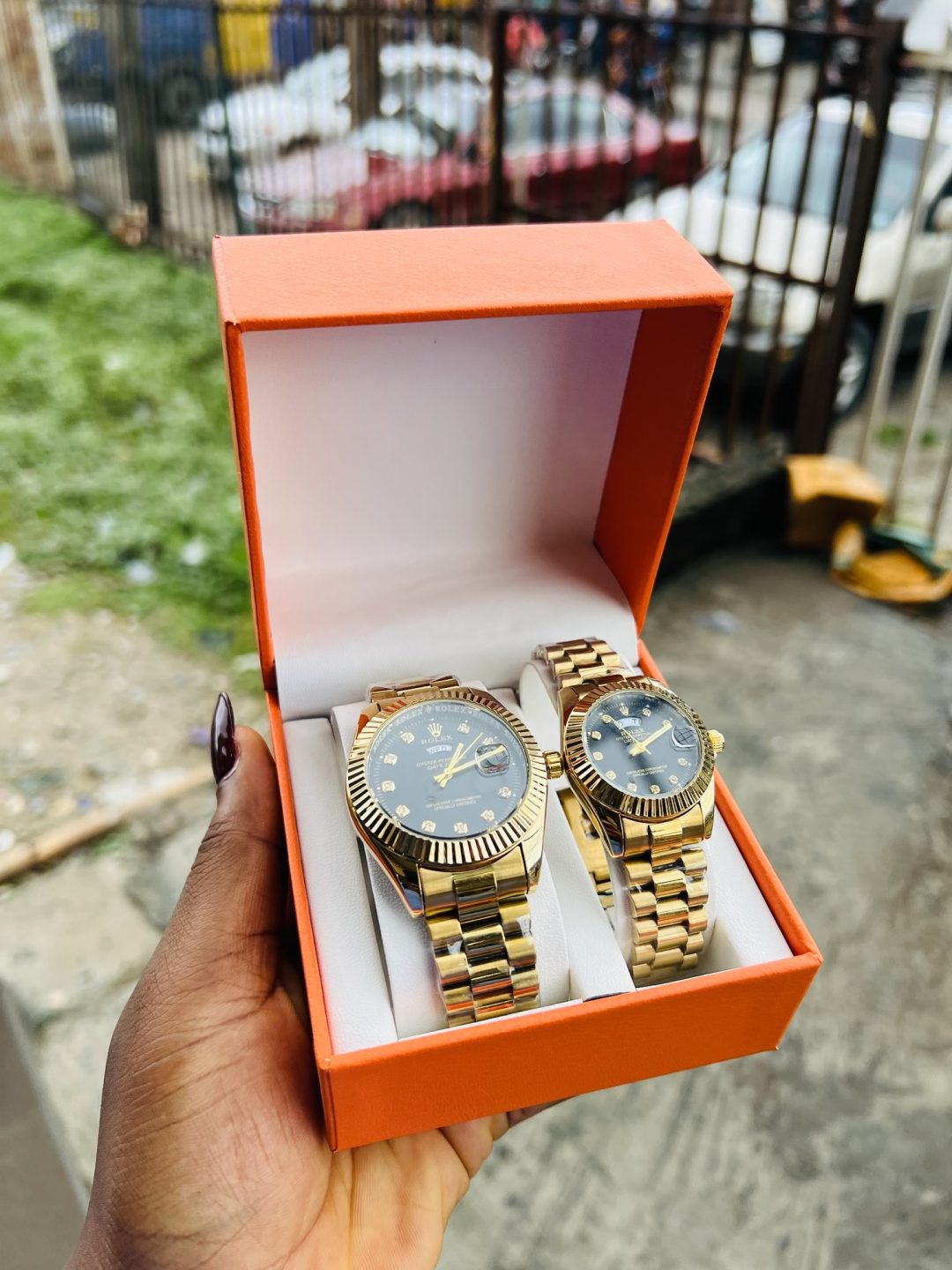 Engraved Couples Black face Rolex gold combo with box - Image 4