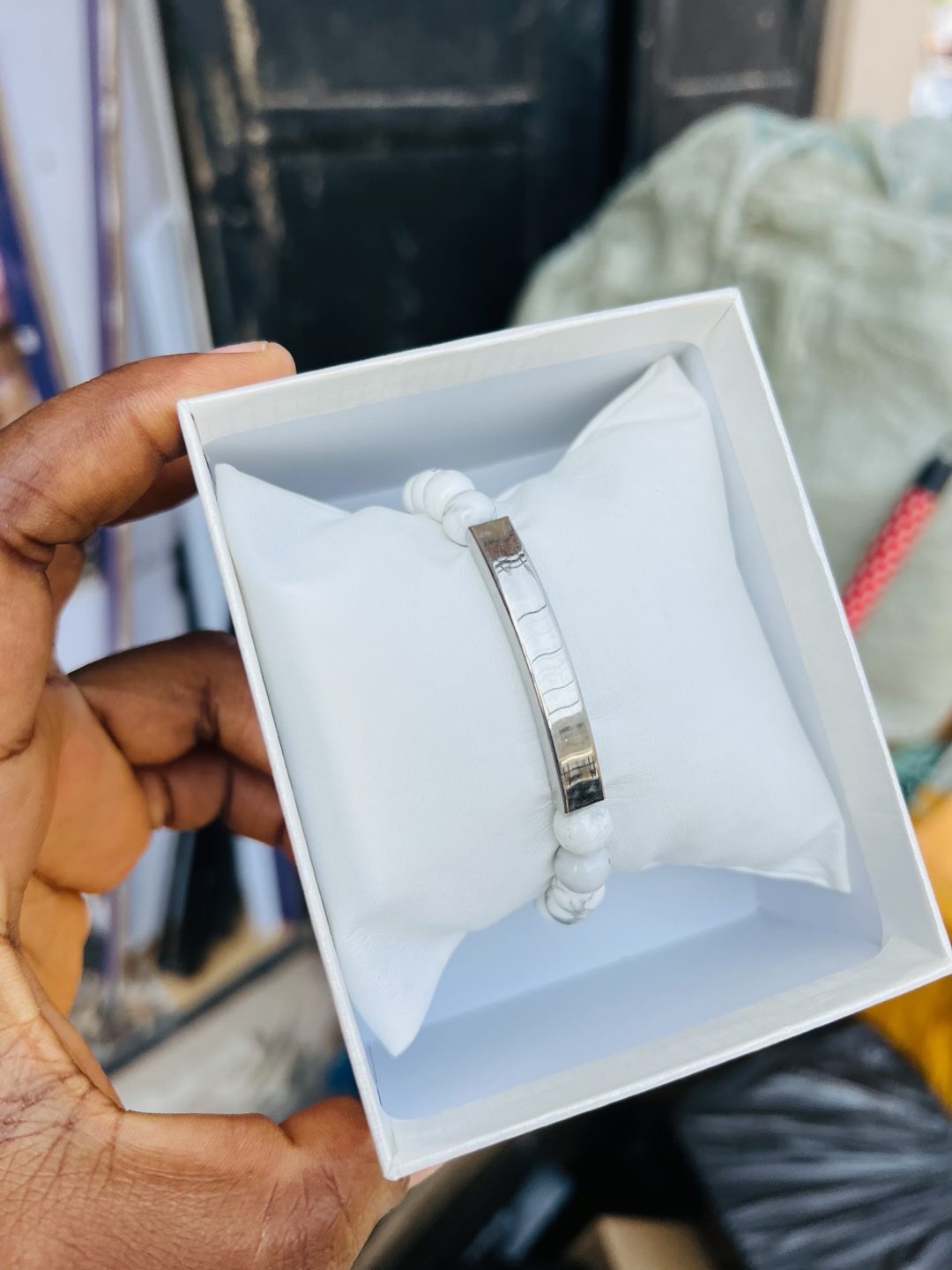 Engraved white beaded bracelet 001 - Image 2