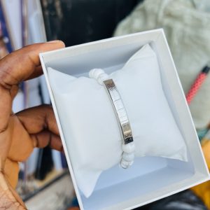 Engraved white beaded bracelet 001