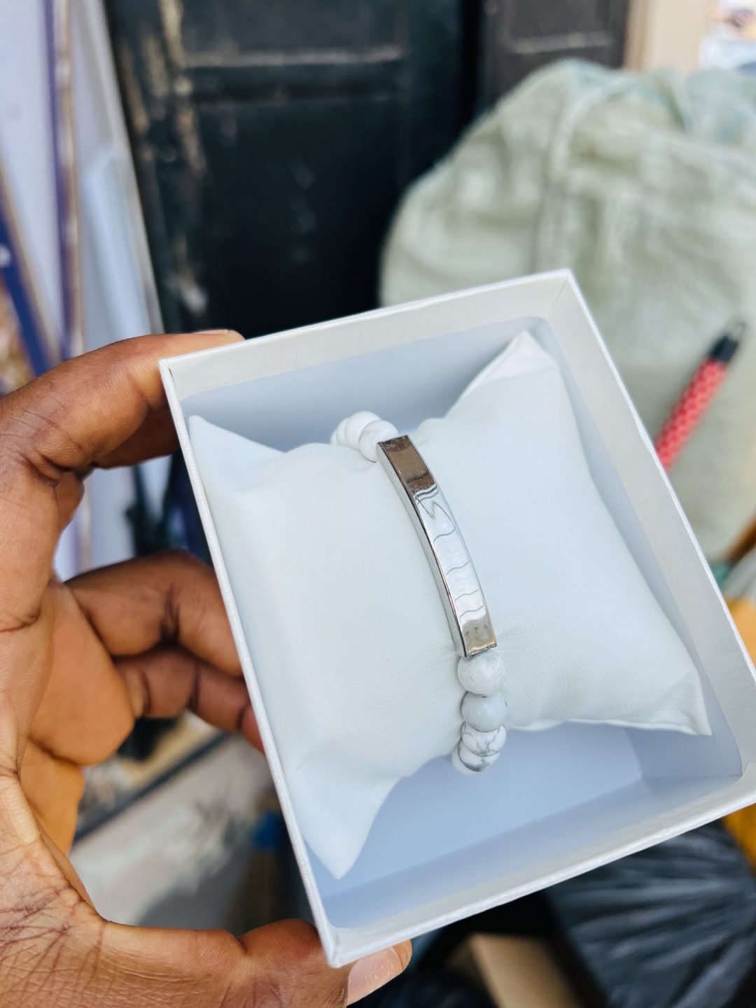 Engraved white beaded bracelet 001 - Image 3