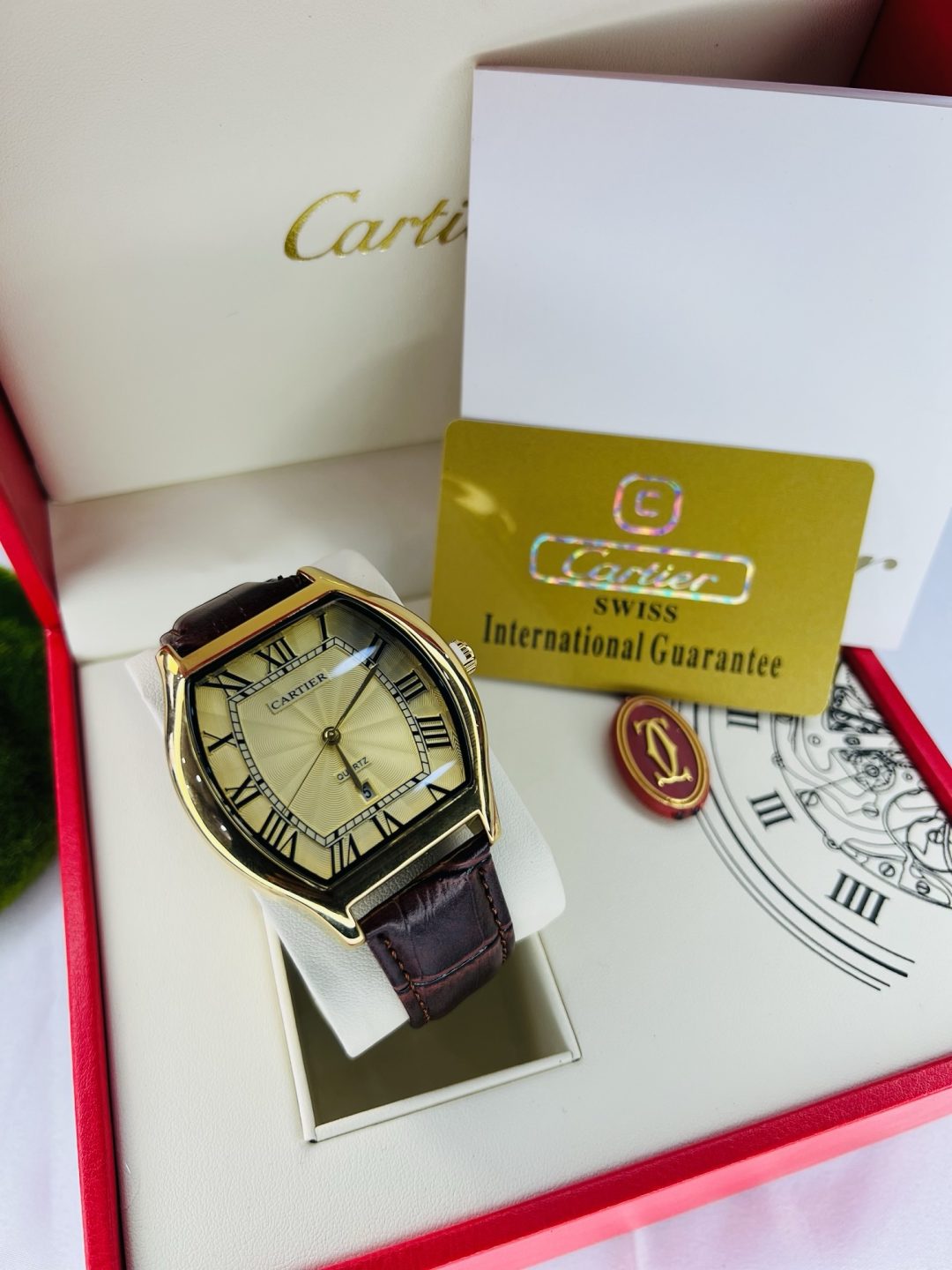 Cartier brown leather gold face watch with branded box and bag! - Image 3