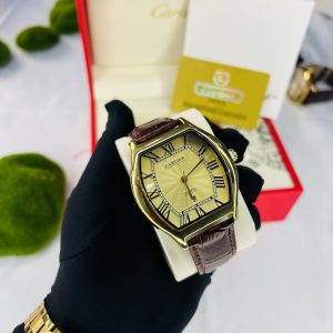Cartier brown leather gold face watch with branded box and bag!