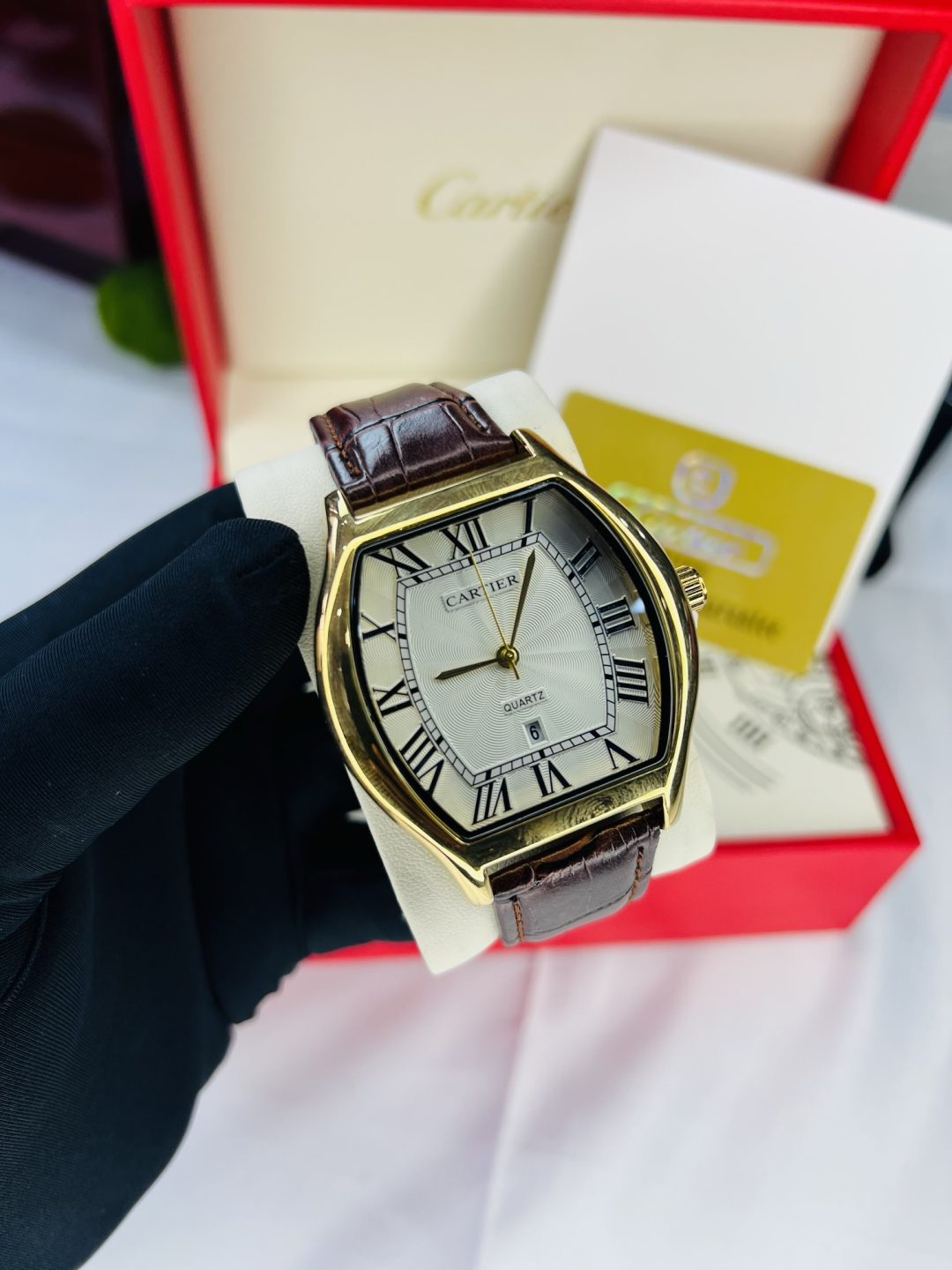 Cartier brown leather white face watch with branded box and bag!