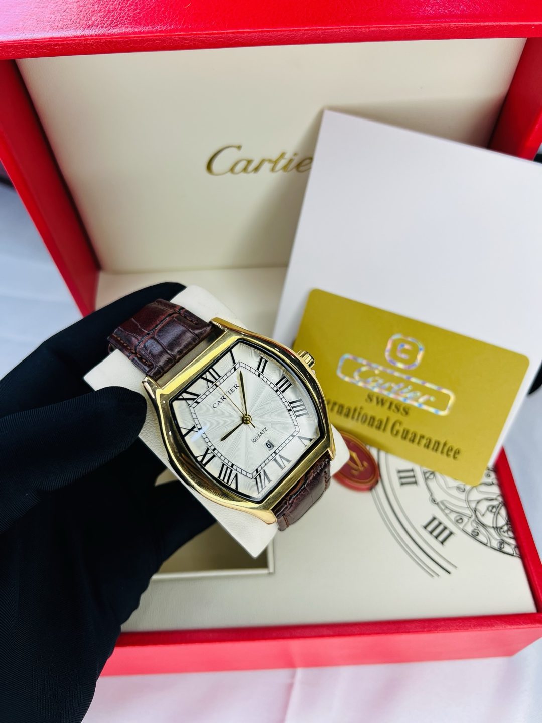 Cartier brown leather white face watch with branded box and bag! - Image 4