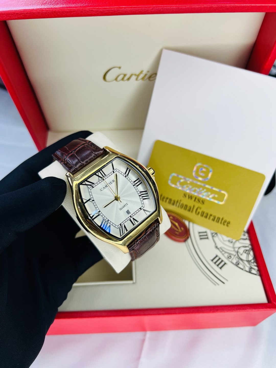 Cartier brown leather white face watch with branded box and bag! - Image 5