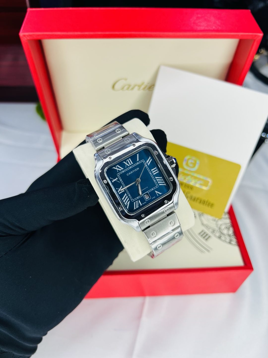 Silver Blue face Cartier watch with branded box and bag!