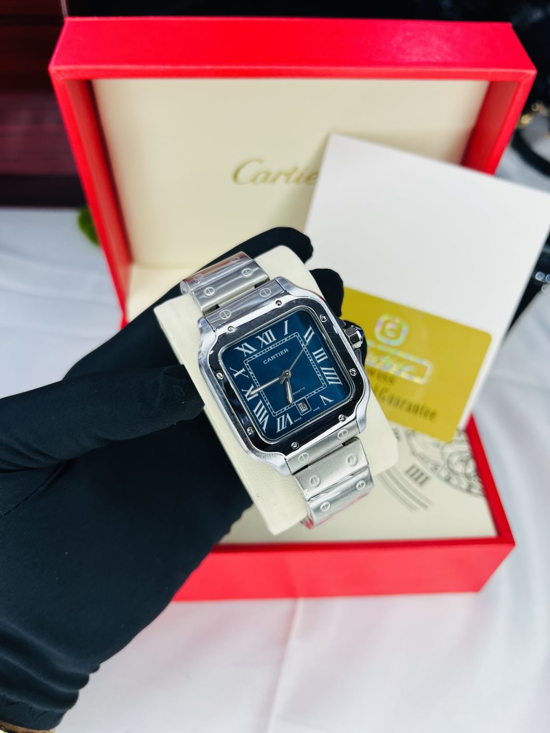 Silver Blue face Cartier watch with branded box and bag! - Image 5