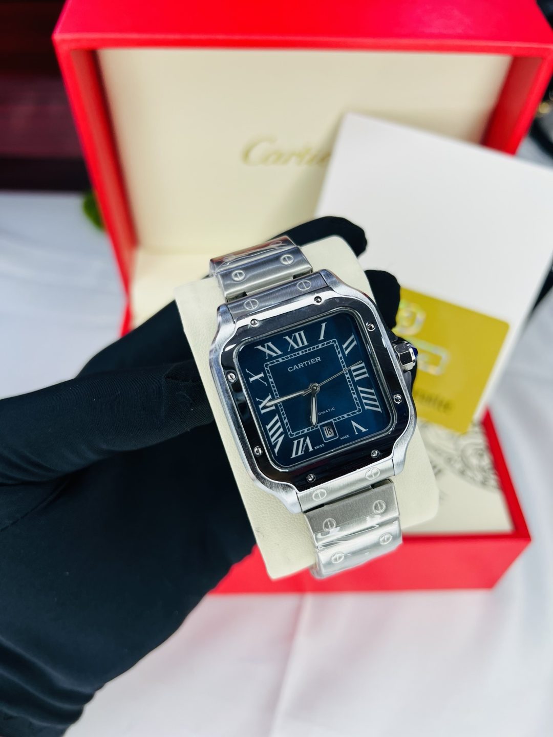Silver Blue face Cartier watch with branded box and bag! - Image 6