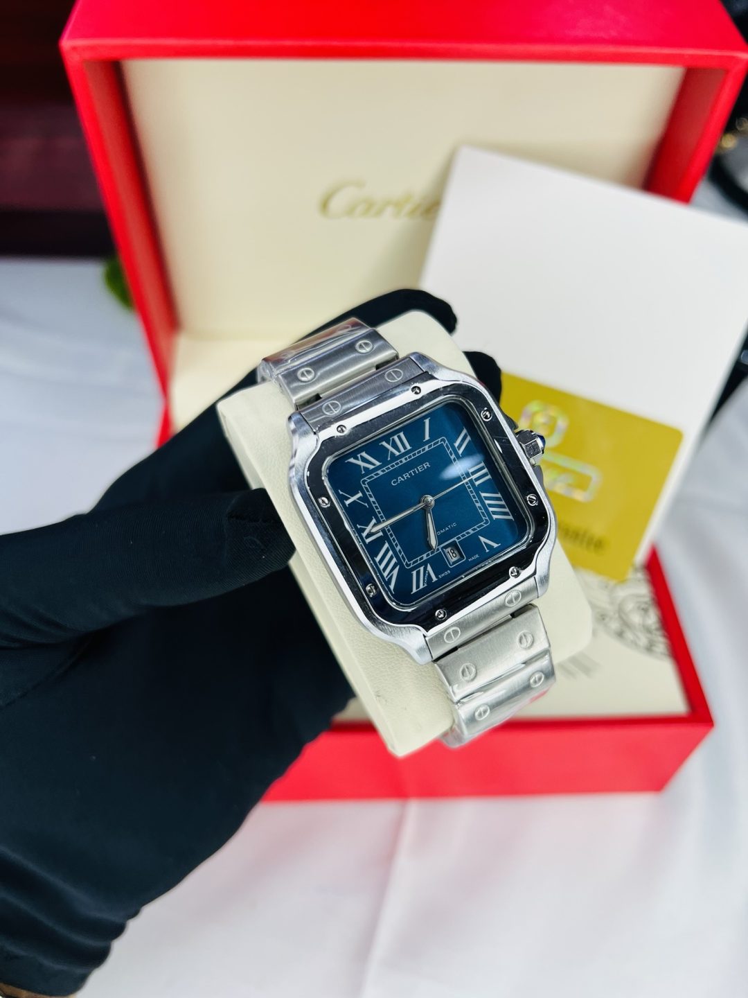 Silver Blue face Cartier watch with branded box and bag! - Image 2