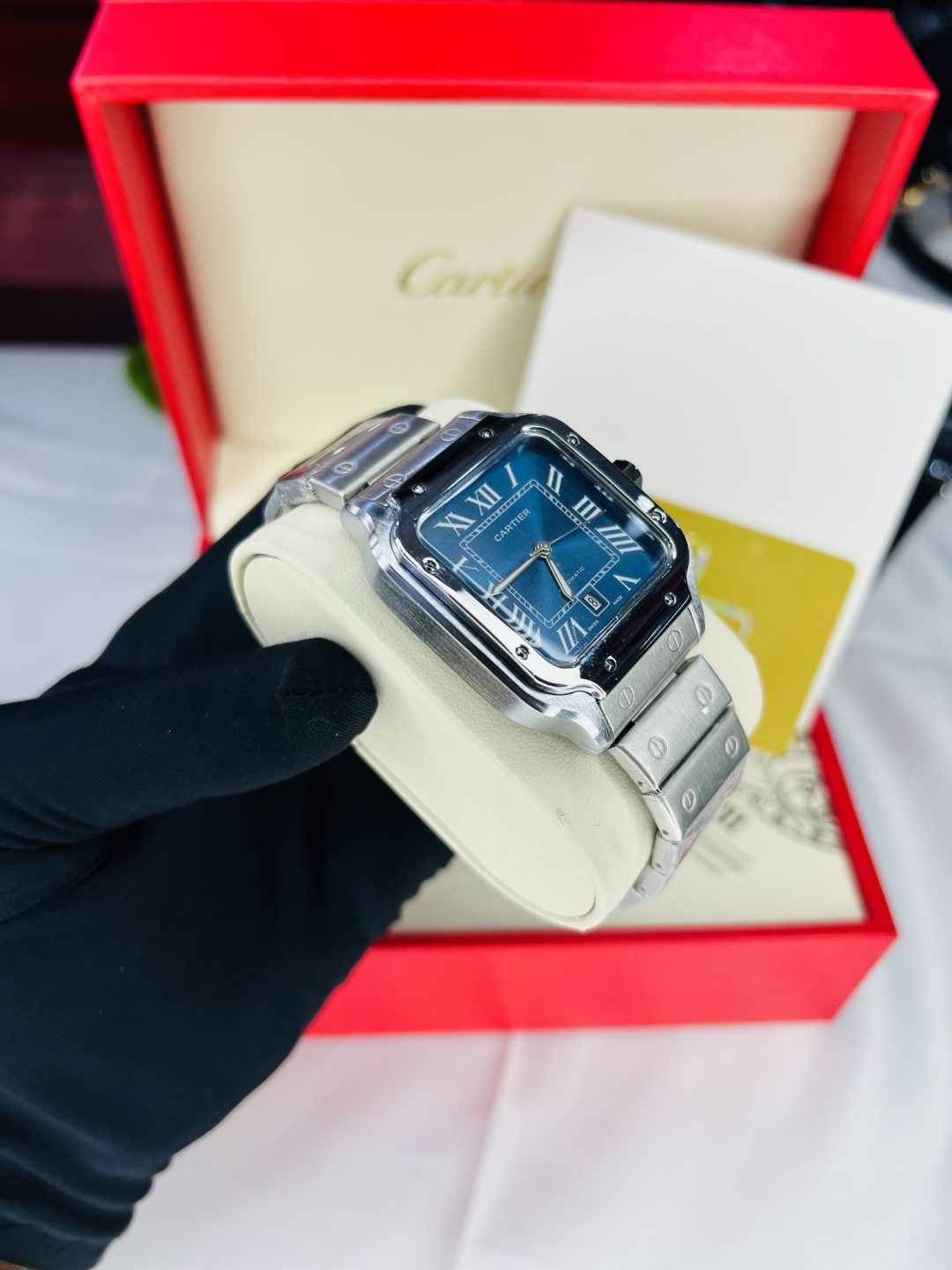 Silver Blue face Cartier watch with branded box and bag! - Image 3
