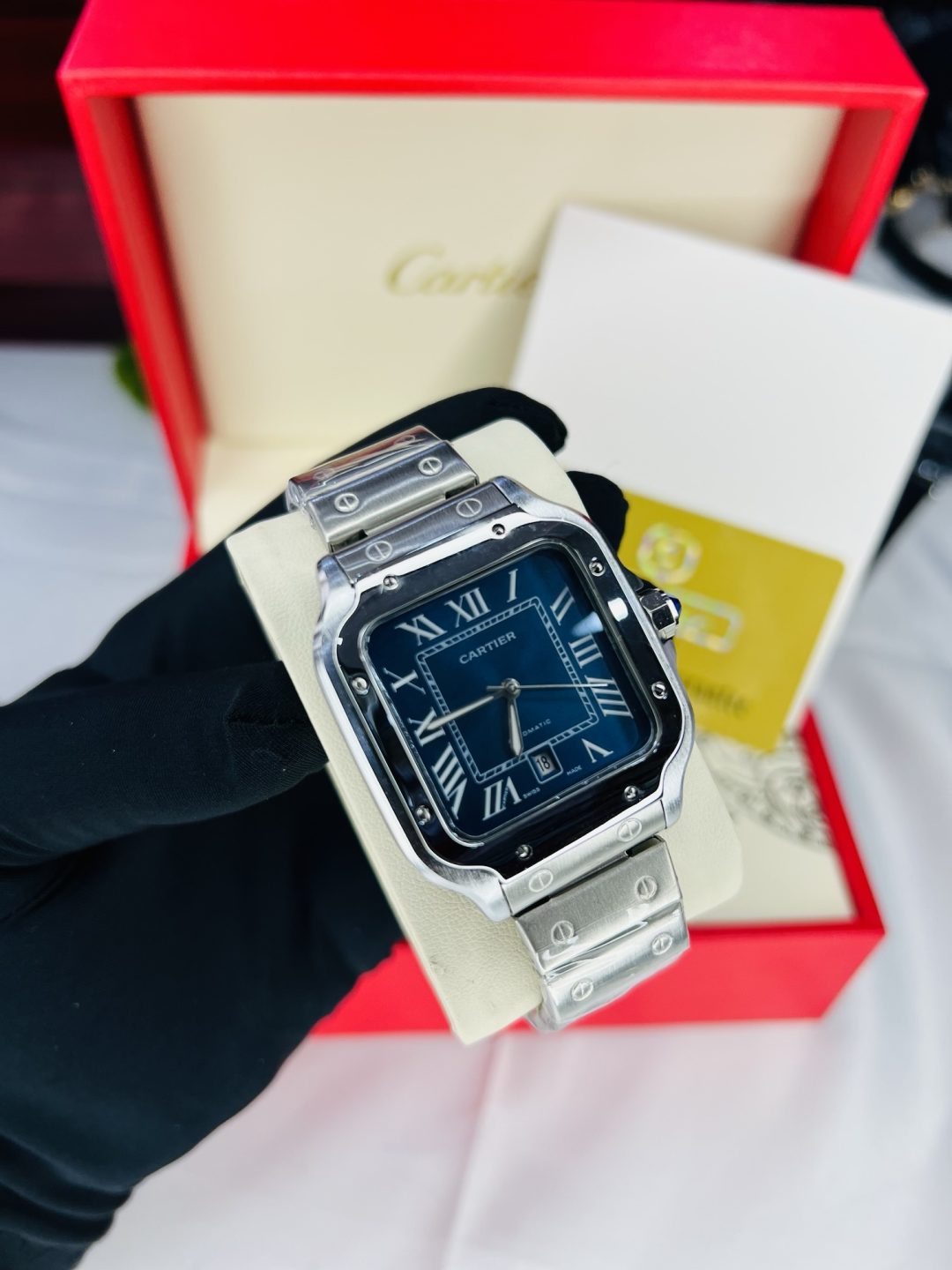 Silver Blue face Cartier watch with branded box and bag! - Image 4